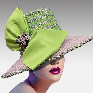 Extravagant Couture Pink Green Jeweled Masterpiece Big Brooch Wide Brim Hat NWT